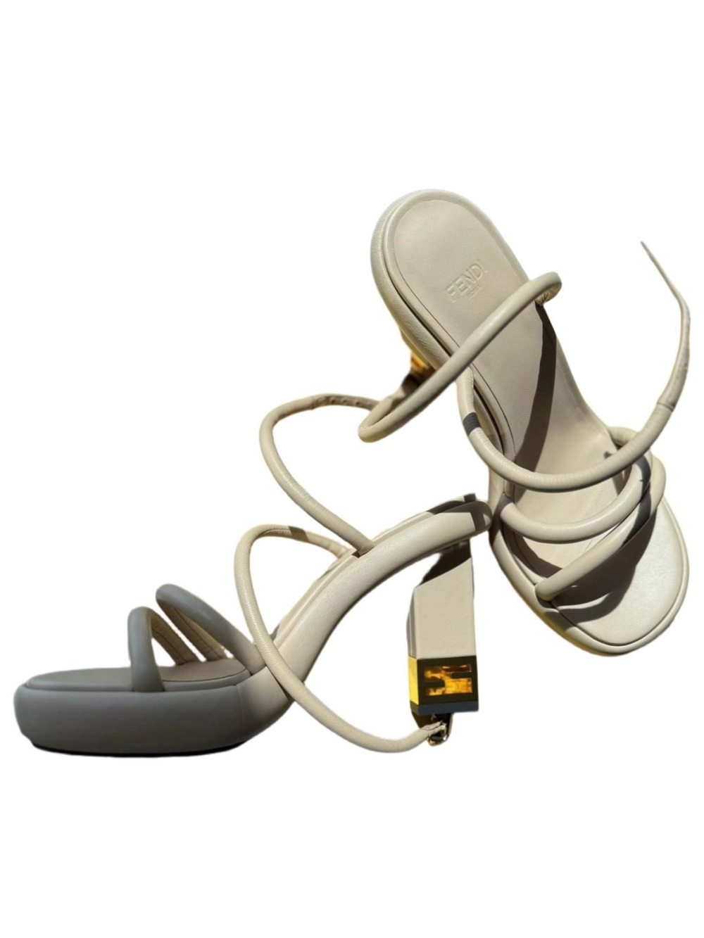 Fendi Cream Strappy Block Heel Sandals with Gold Accent